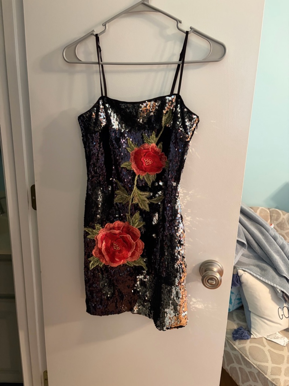 Black Sequin Mini Dress with Red Floral Appliqué